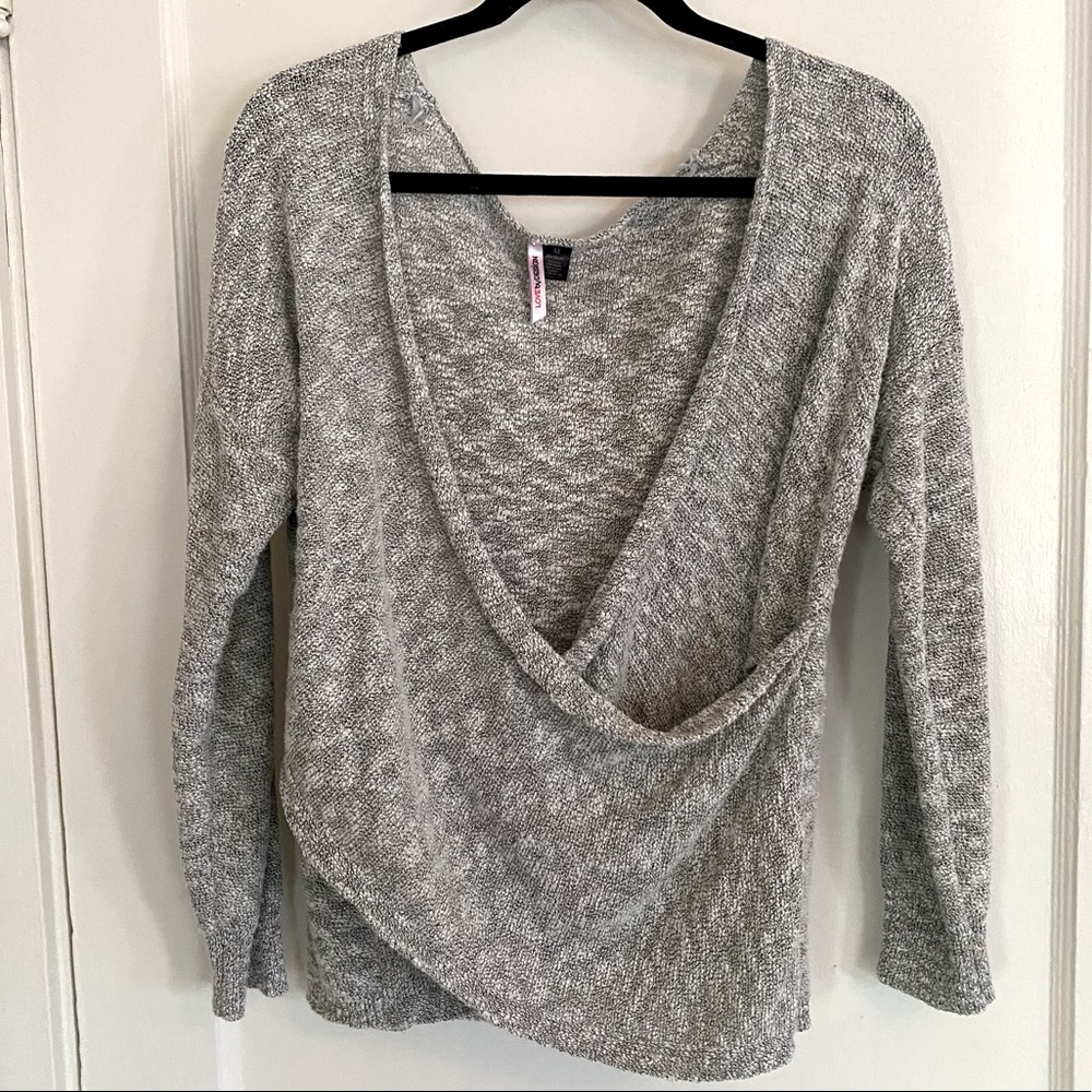 Gray long sleeve wrap sweater, size M